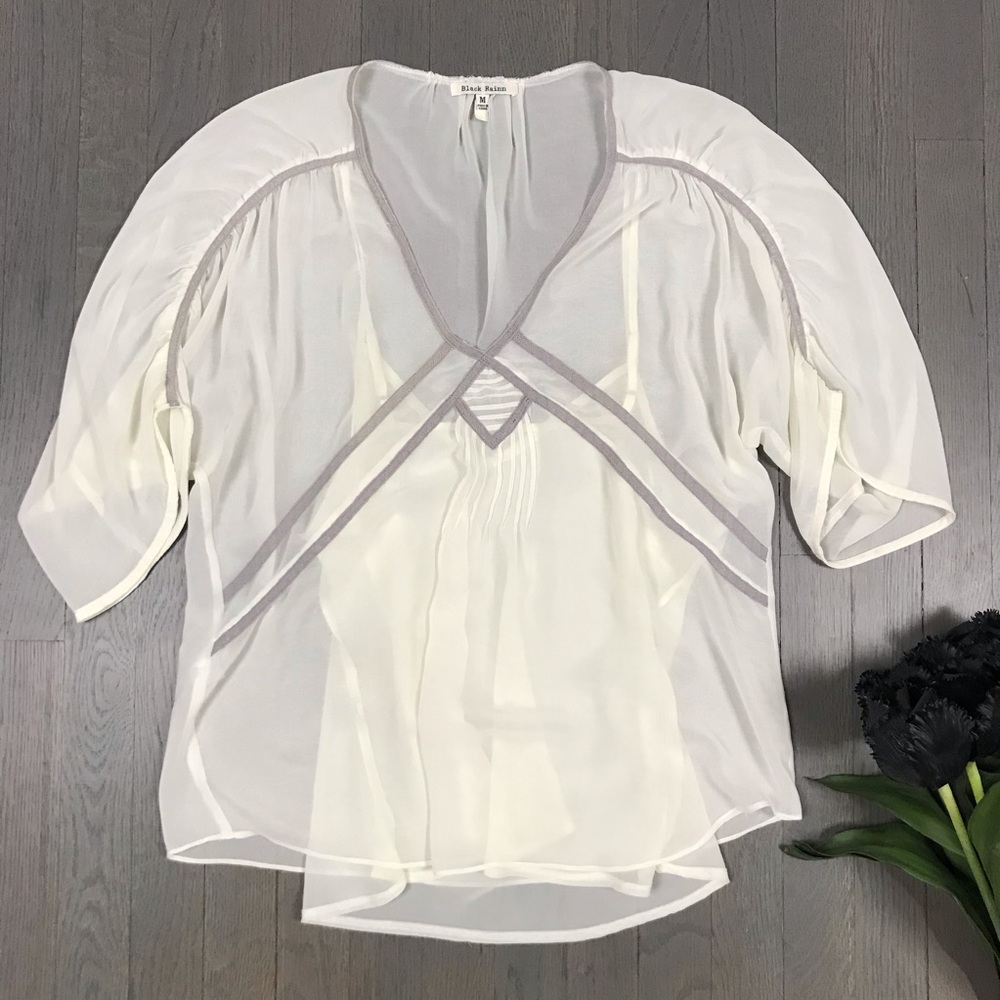 Black Rainn 3/4 Sleeve Sheer Ivory V-Neck Blouse